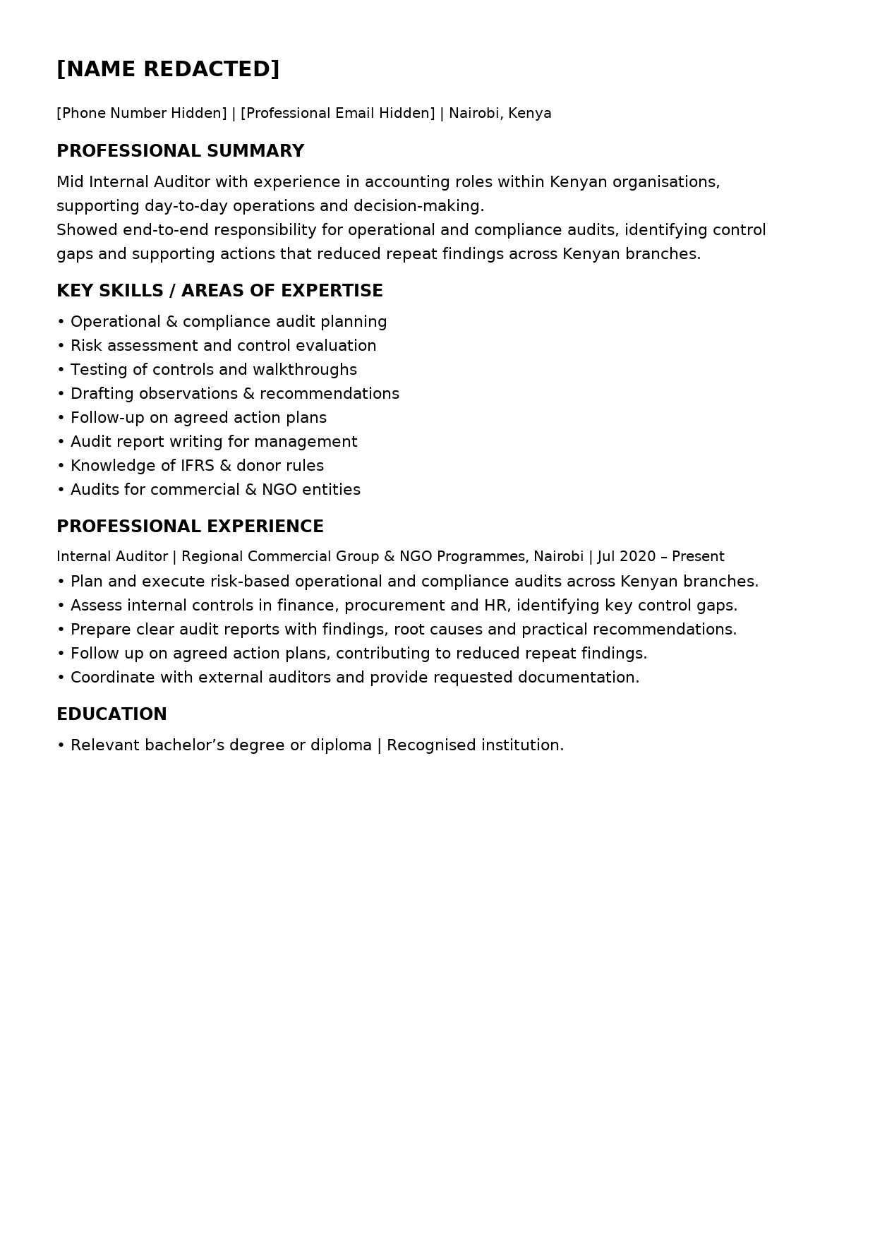 Transformed CV layout for a mid-level internal auditor