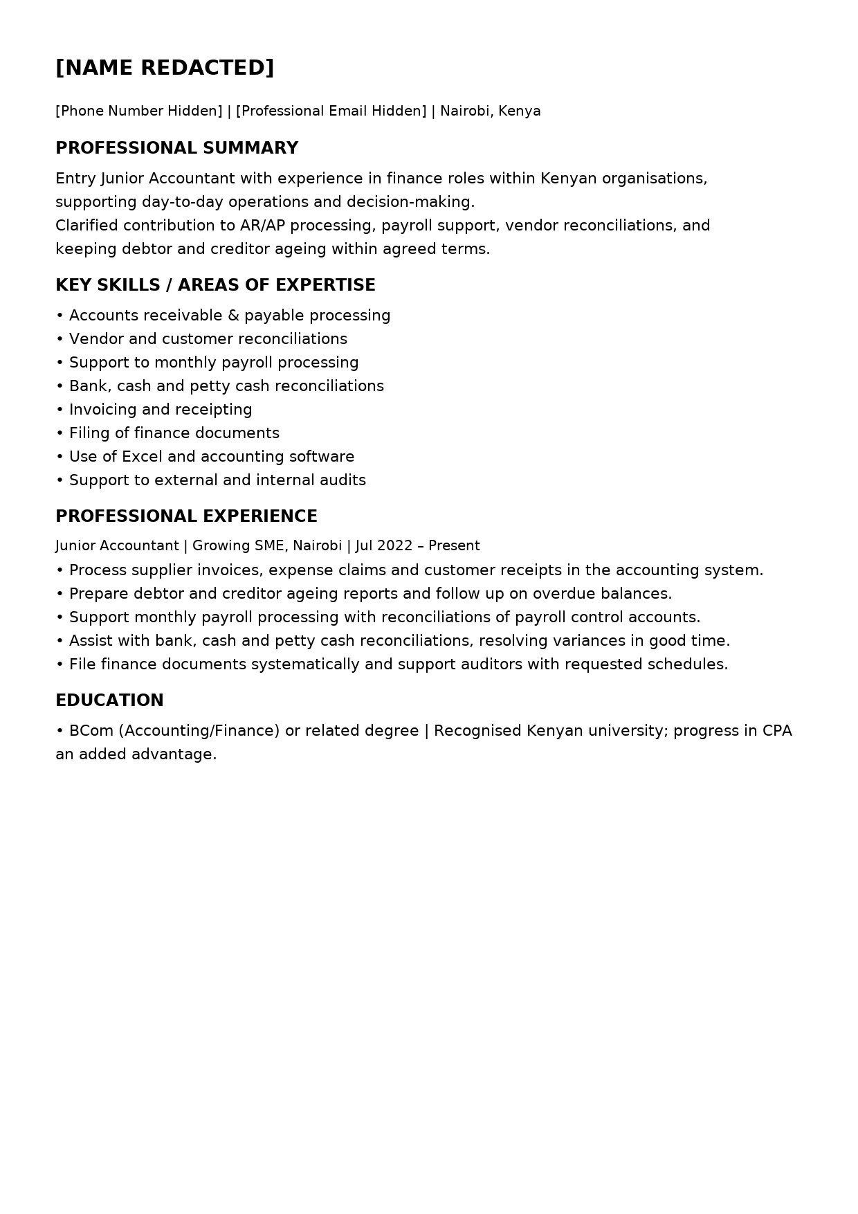 Transformed CV layout for a junior accountant in an SME