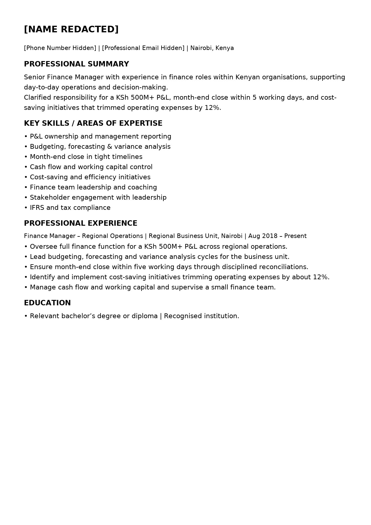 Transformed CV layout for a senior finance manager