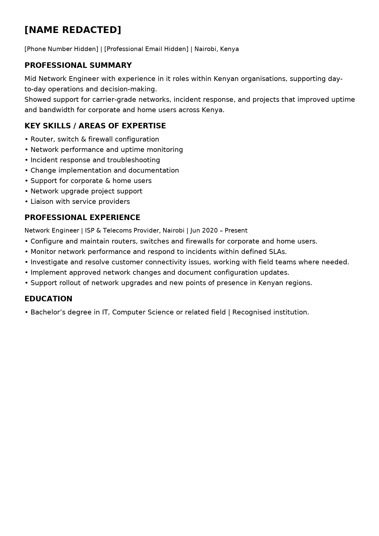Transformed CV layout for a network engineer in telecoms